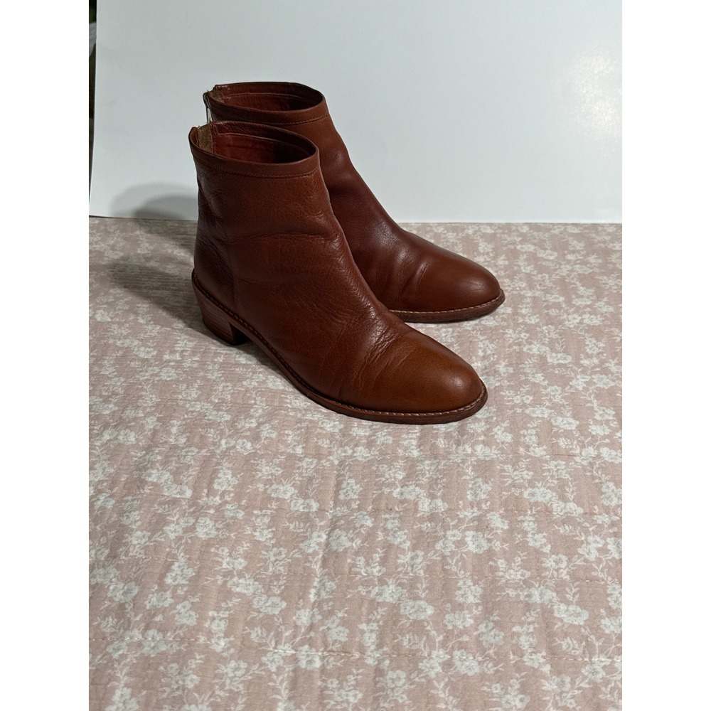 Loeffler Randall Cognac Brown Leather Ankle Boots Rear Zip Stacked Heel 7.5 B